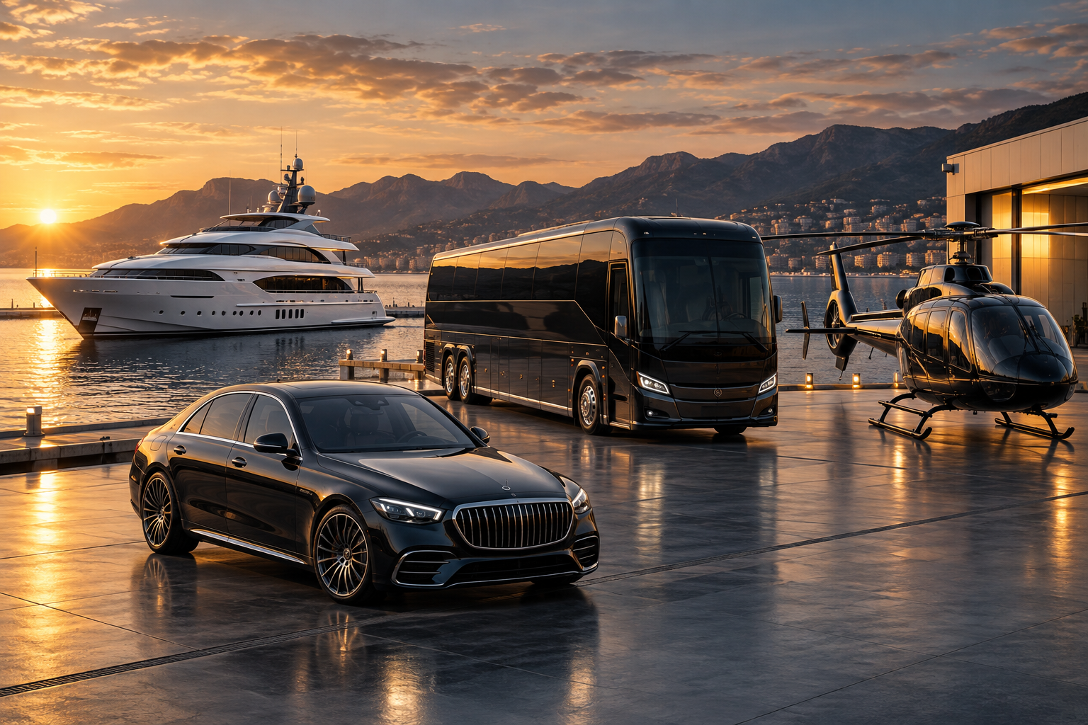 Luxury yacht, tour bus, helicopter, and luxury car