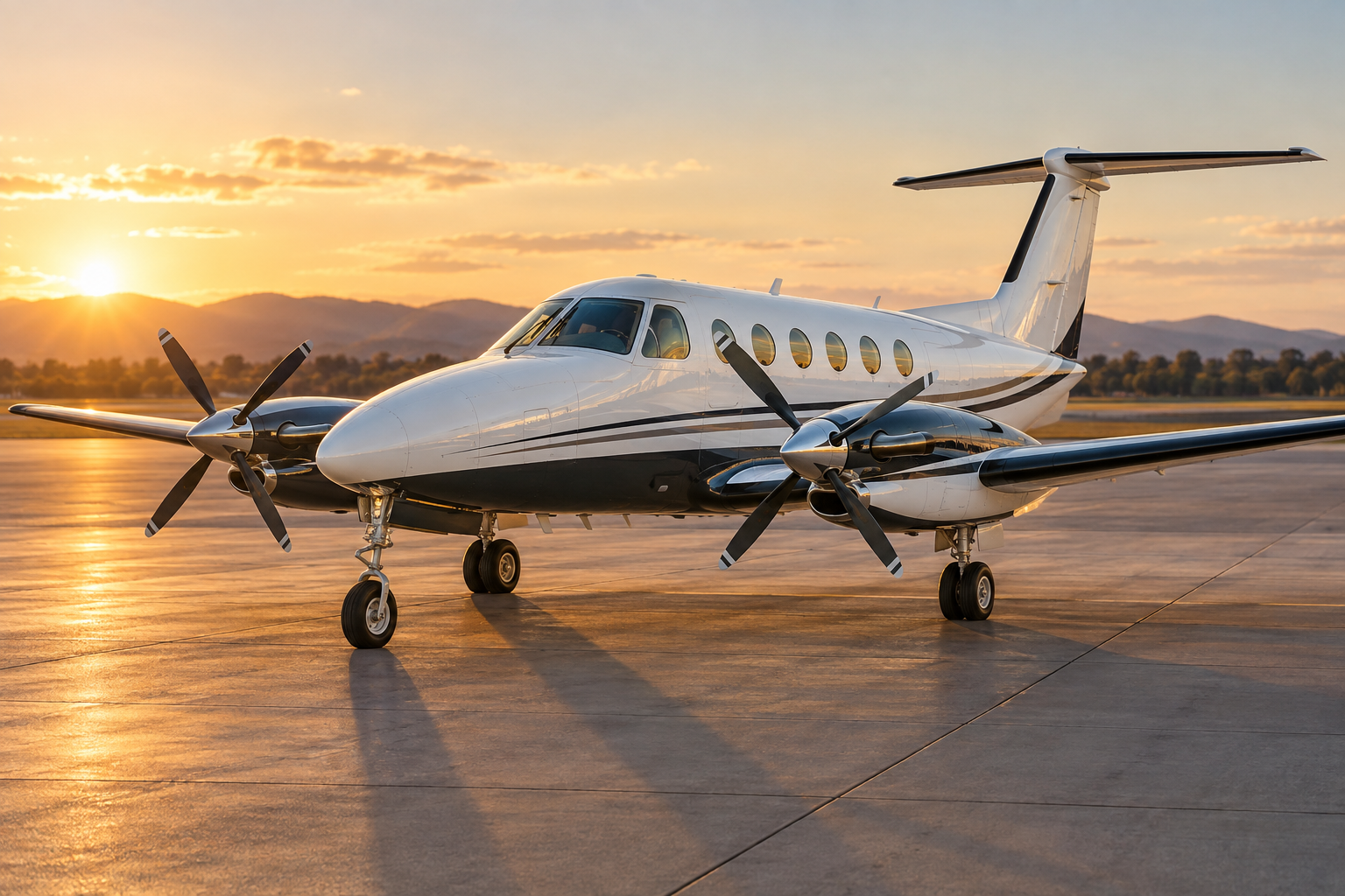 Polished twin-engine turboprop aircraft at golden hour